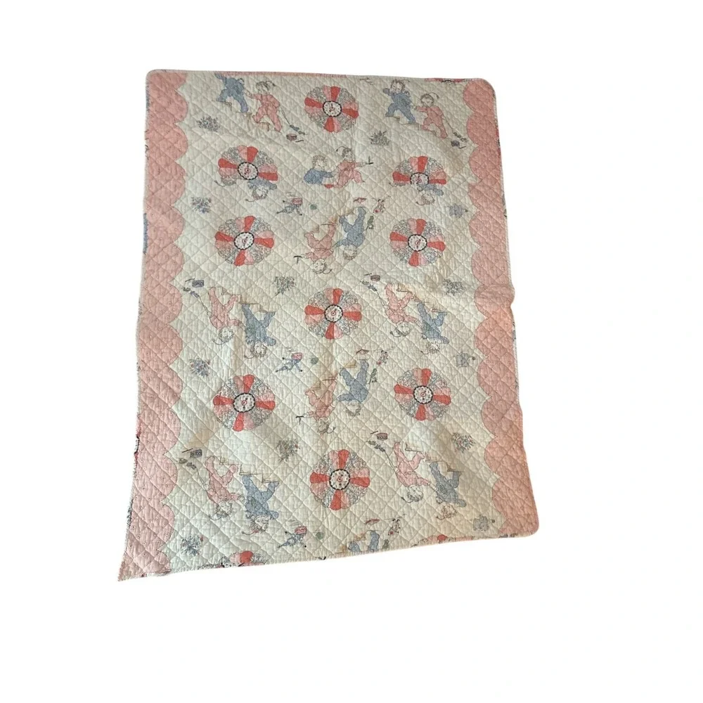 Vintage Handmade Baby Crib Quilt With Nursery Rhyme Pattern & Scalloped Edges